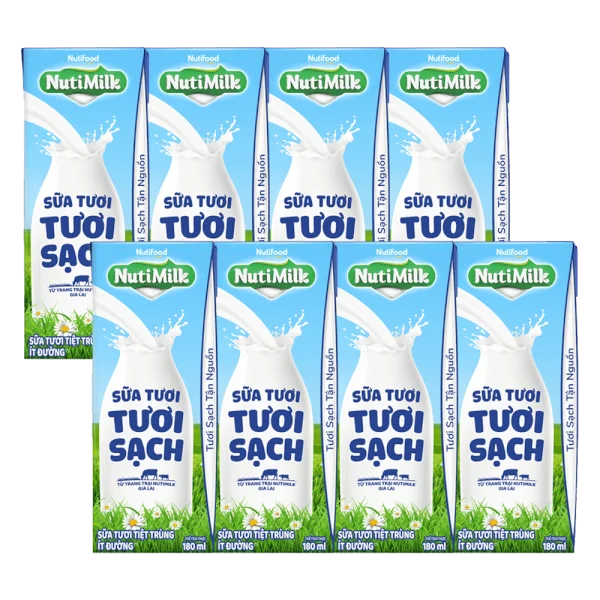 Combo 2 lốc sữa tươi sạch tiệt trùng Nutimilk, ít đường, 180ml (lốc 4 hộp)