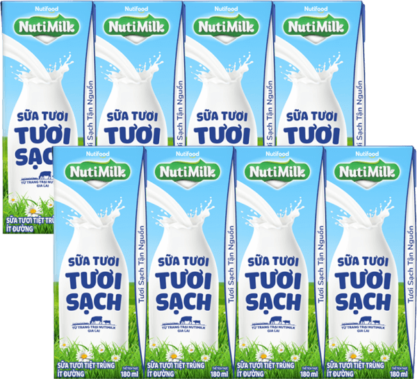 Combo 2 lốc sữa tươi sạch tiệt trùng Nutimilk, ít đường, 180ml (lốc 4 hộp)
