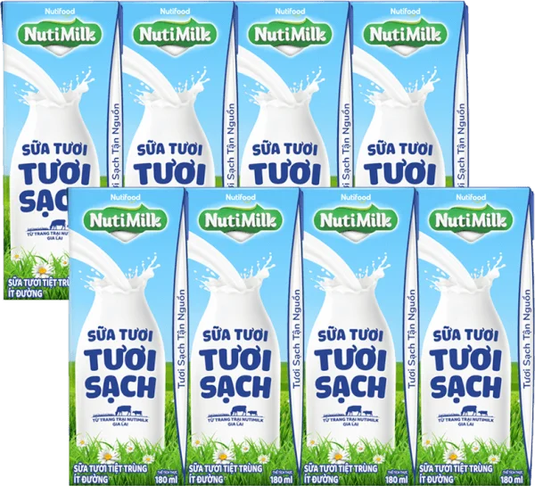 Combo 2 lốc sữa tươi sạch tiệt trùng Nutimilk, ít đường, 180ml (lốc 4 hộp)
