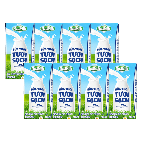 Combo 2 lốc sữa tươi sạch tiệt trùng Nutimilk, ít đường, 110ml (lốc 4 hộp)