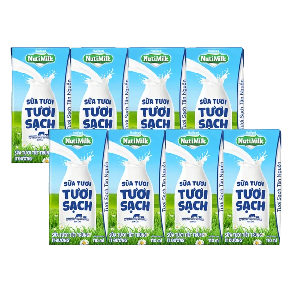 Combo 2 lốc sữa tươi sạch tiệt trùng Nutimilk, ít đường, 110ml (lốc 4 hộp)