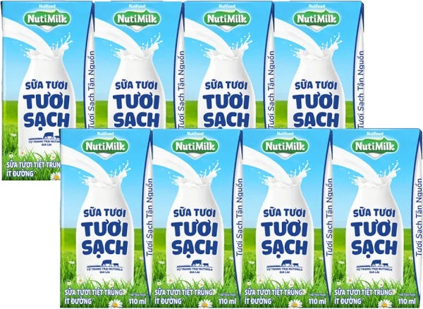 Combo 2 lốc sữa tươi sạch tiệt trùng Nutimilk, ít đường, 110ml (lốc 4 hộp)