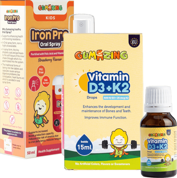 Combo 1 Thực phẩm bảo vệ sức khoẻ Gumazing Vitamin D3K2 Drops và 1 Thực phẩm bảo vệ sức khoẻ Gumazing Iron Pro Oral Spray 50ml