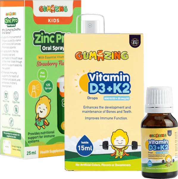 Combo 1 Thực phẩm bảo vệ sức khoẻ Gumazing Vitamin D3K2 Drops và 1 Thực phẩm bảo vệ sức khoẻ Gumazing Zinc Pro Oral Spray 25ml