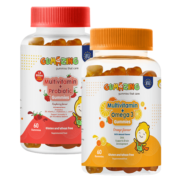 Combo 1 TPBS Gumazing Multivitamin + Omega 3 Gummies và 1 TPBS Gumazing Multivitamin + Probiotic Gummies