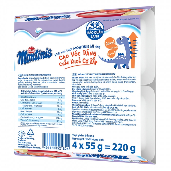 Phô mai tươi Montinis vị Dâu 220gr (4*55gr)