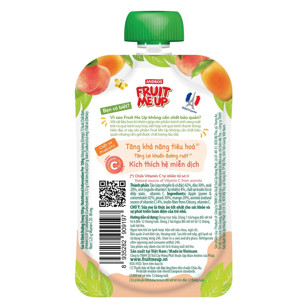 TRÁI CÂY XAY NHUYỄN FRUIT ME UP PREBIO XOÀI-ĐÀO 80g