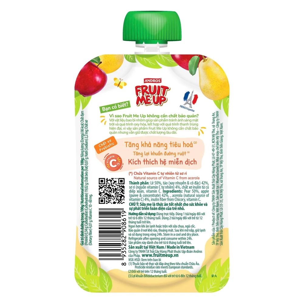 TRÁI CÂY XAY NHUYỄN FRUIT ME UP PREBIO LÊ-TÁO 80g