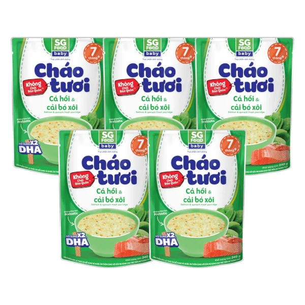 Combo 5 gói Cháo tươi Baby cá hồi cải bó xôi, SG Food, 10 tháng, 240g