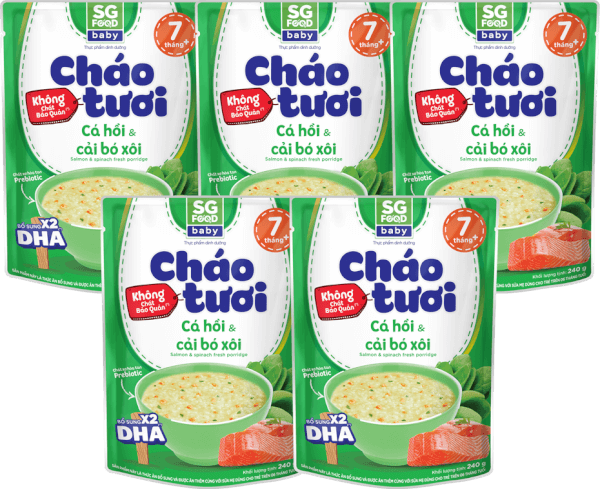 Combo 5 gói Cháo tươi Baby cá hồi cải bó xôi, SG Food, 10 tháng, 240g