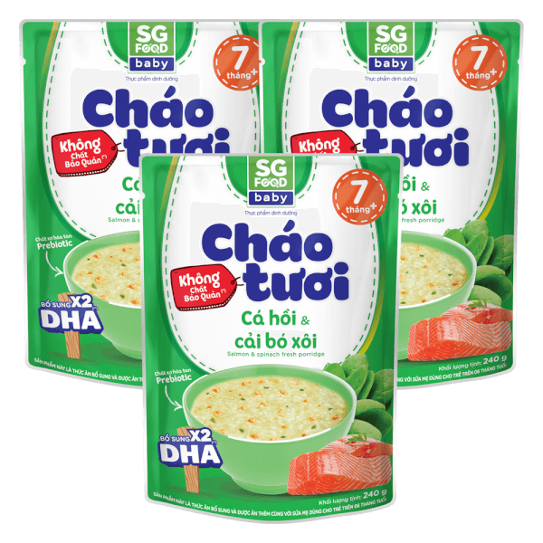 Combo 3 gói cháo tươi Baby cá hồi cải bó xôi, SG Food, 10 tháng, 240g