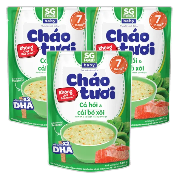 Combo 3 gói cháo tươi Baby cá hồi cải bó xôi, SG Food, 10 tháng, 240g