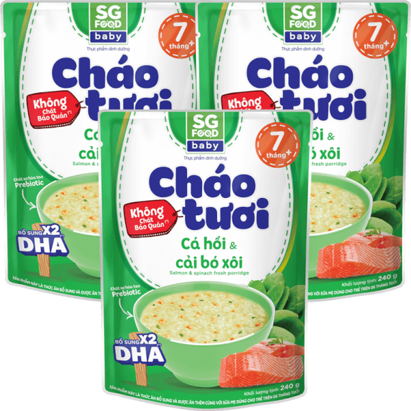 Combo 3 gói cháo tươi Baby cá hồi cải bó xôi, SG Food, 10 tháng, 240g
