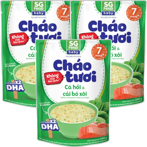 Combo 3 gói cháo tươi Baby cá hồi cải bó xôi, SG Food, 10 tháng, 240g