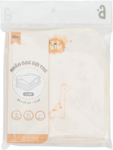 Combo 2 Khăn gạc sợi tre 4 lớp Animo T2304_NBA004 (25x25cm,5 cái) (giao màu ngẫu nhiên)