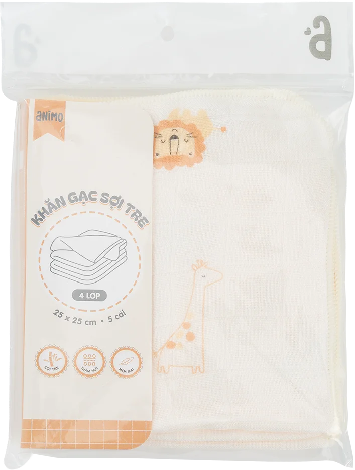 Khăn gạc sợi tre 4 lớp Animo T2304_NBA004 (25x25cm,5 cái) (giao màu ngẫu nhiên)