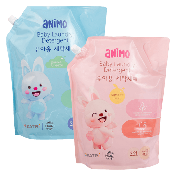 Combo 1 Nước giặt cho bé Animo hương trái cây mùa hè túi refill và 1 Nước giặt cho bé Animo hương làn gió mùa hè túi refill 3,2L