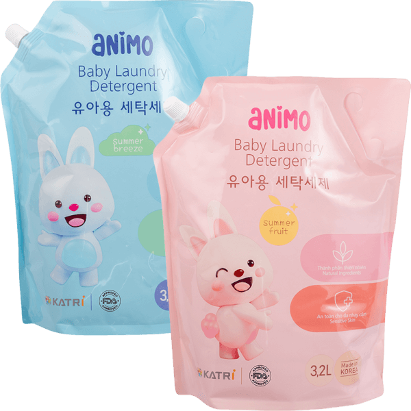 Combo 1 Nước giặt cho bé Animo hương trái cây mùa hè túi refill và 1 Nước giặt cho bé Animo hương làn gió mùa hè túi refill 3,2L