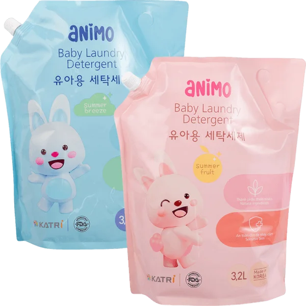 Combo 1 Nước giặt cho bé Animo hương trái cây mùa hè túi refill và 1 Nước giặt cho bé Animo hương làn gió mùa hè túi refill 3,2L