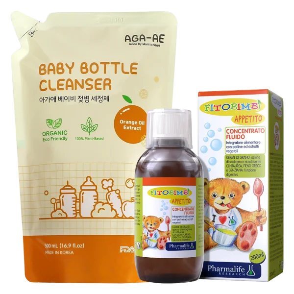 Combo 1 Nước rửa bình sữa AGA-AE hương cam- Túi 500ml và 1 Thực phẩm bảo vệ sức khỏe FITOBIMBI APPETITO