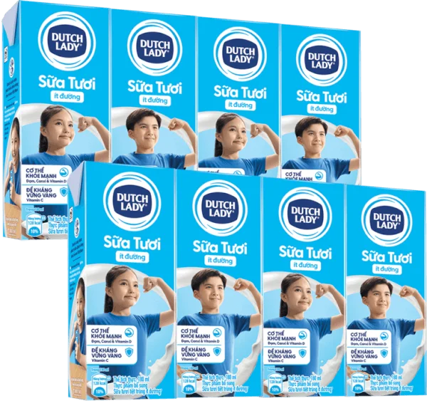 Combo 2 Sữa tươi tiệt trùng ít đường Dutch Lady 180ml (Lốc 4 hộp)