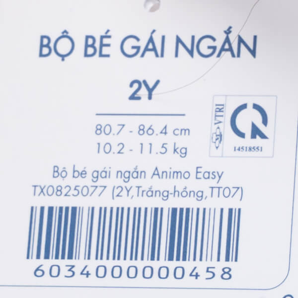 Bộ bé gái ngắn Animo Easy TX0825077 (1-4Y,Trắng-hồng,TT07)