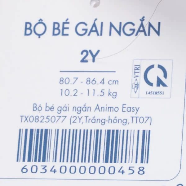 Bộ bé gái ngắn Animo Easy TX0825077 (1-4Y,Trắng-hồng,TT07)