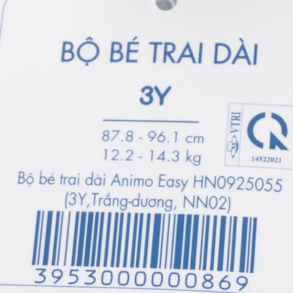 Bộ bé trai dài Animo Easy HN0925055 (1-4Y,Trắng-dương, NN02)