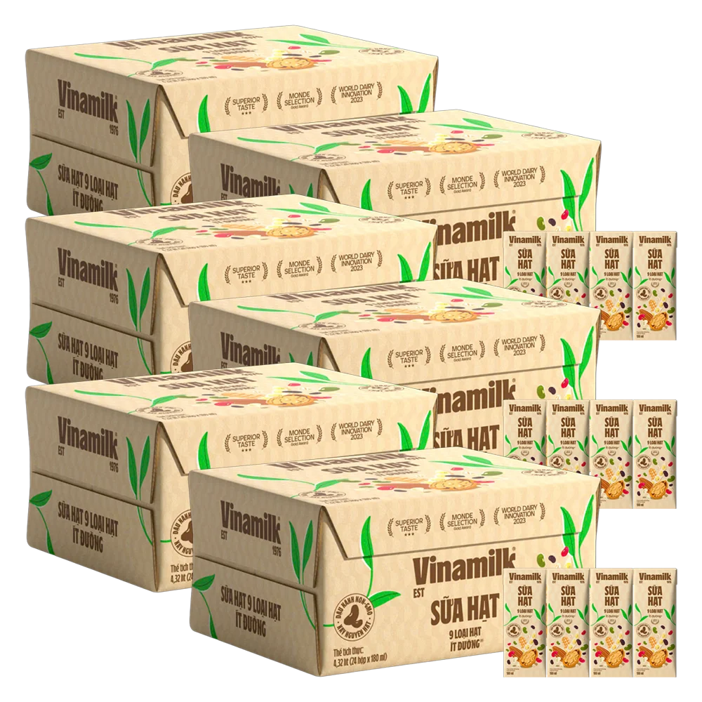 Thùng 6 lốc Sữa hạt 9 loại hạt Vinamilk ít dường 180ml (lốc 4 hộp)