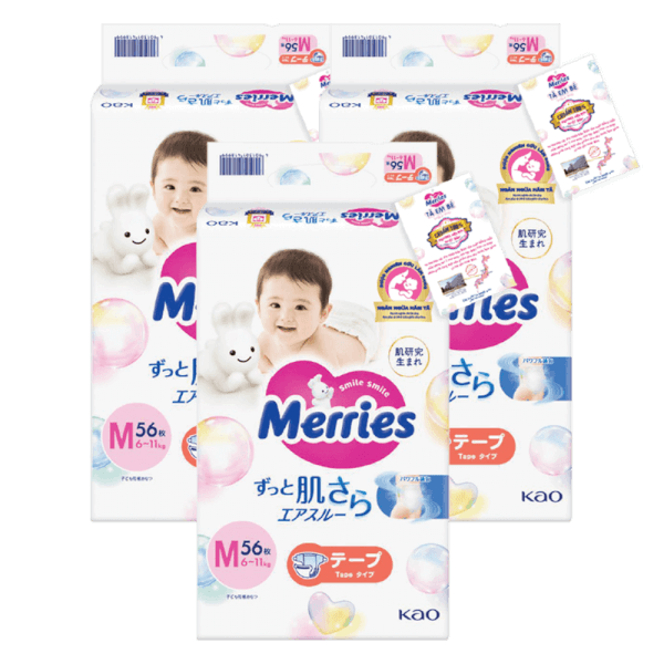 Combo 3 Tã dán Merries (M, 6-11kg, 56 miếng)
