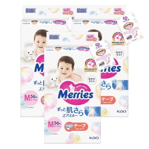 Combo 3 Tã dán Merries (M, 6-11kg, 56 miếng)