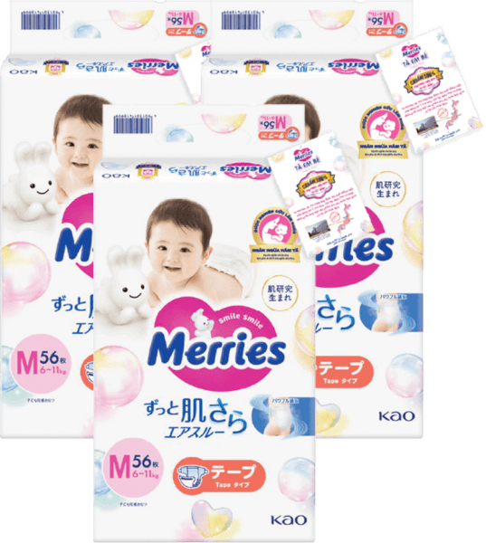 Combo 3 Tã dán Merries (M, 6-11kg, 56 miếng)