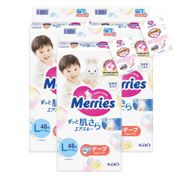 Combo 3 Tã dán Merries (L, 9-14kg, 48 miếng)