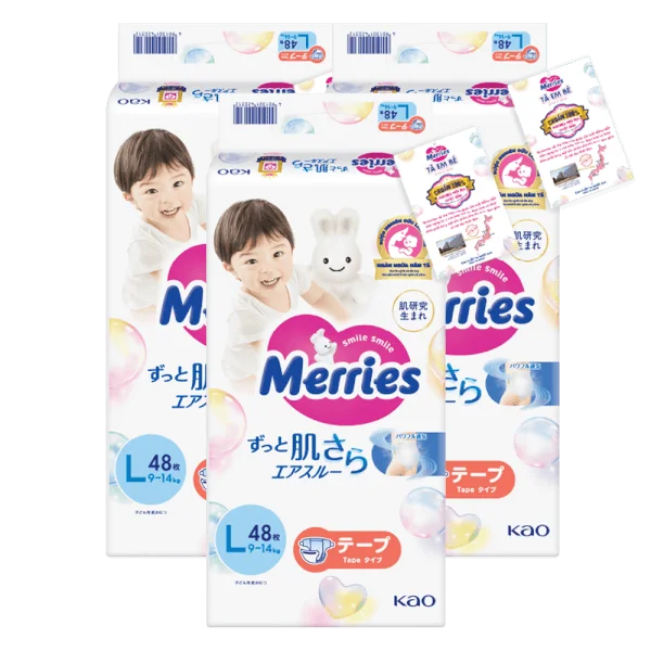 Combo 3 Tã dán Merries (L, 9-14kg, 48 miếng)