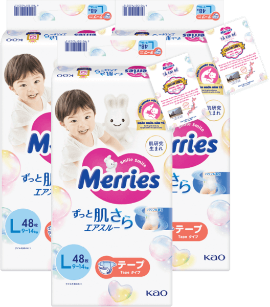 Combo 3 Tã dán Merries (L, 9-14kg, 48 miếng)