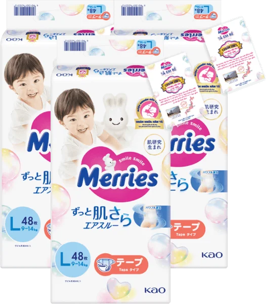 Combo 3 Tã dán Merries (L, 9-14kg, 48 miếng)