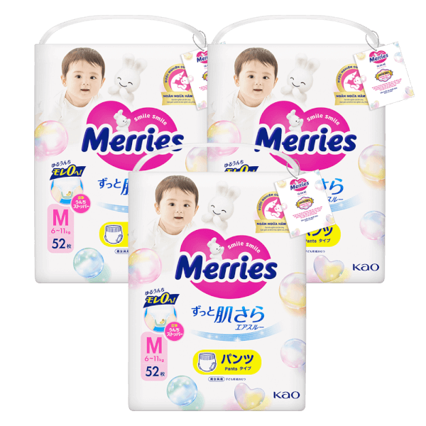 Combo 3 Tã quần Merries (M, 6-11kg, 52 miếng)
