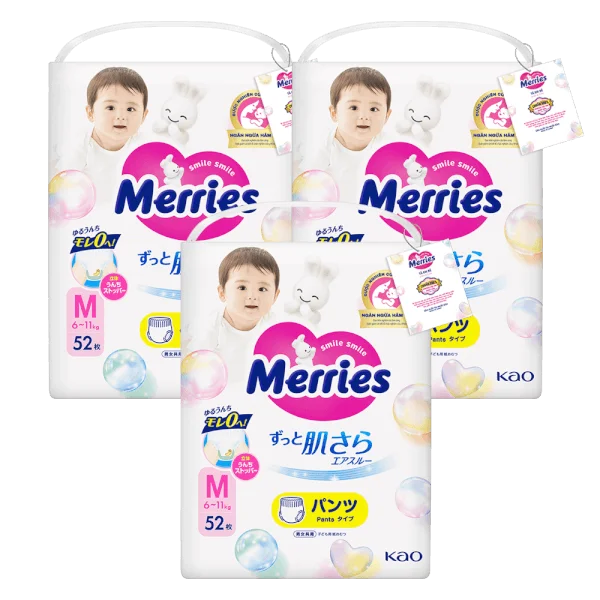 Combo 3 Tã quần Merries (M, 6-11kg, 52 miếng)