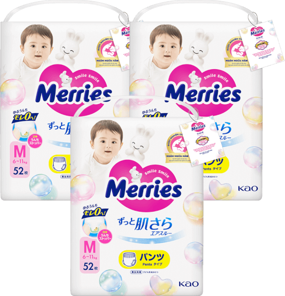 Combo 3 Tã quần Merries (M, 6-11kg, 52 miếng)