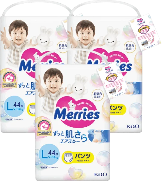 Combo 3 Tã quần Merries (L, 9-14kg, 44 miếng)