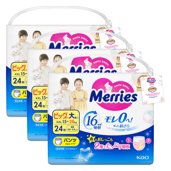 Combo 3 Tã quần Merries (XXL, 15-28kg, 24 miếng)