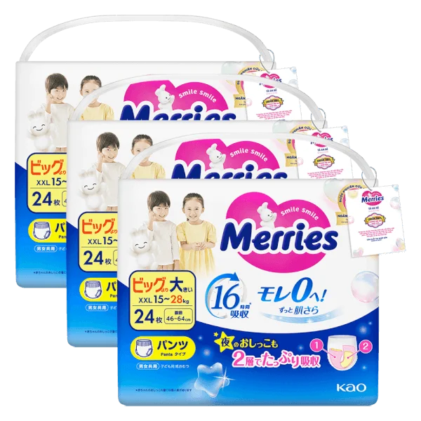 Combo 3 Tã quần Merries (XXL, 15-28kg, 24 miếng)