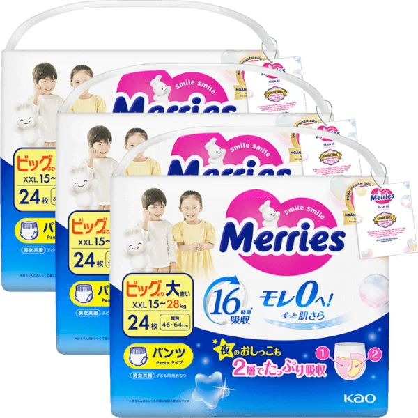 Combo 3 Tã quần Merries (XXL, 15-28kg, 24 miếng)