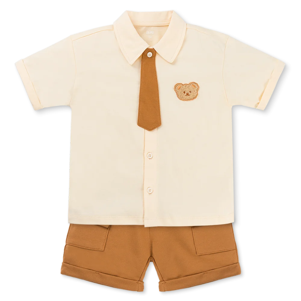 Bộ sơ mi bé trai ngắn cà vạt Animo HN1125009 (1-6Y,Kem-nâu, NN01)