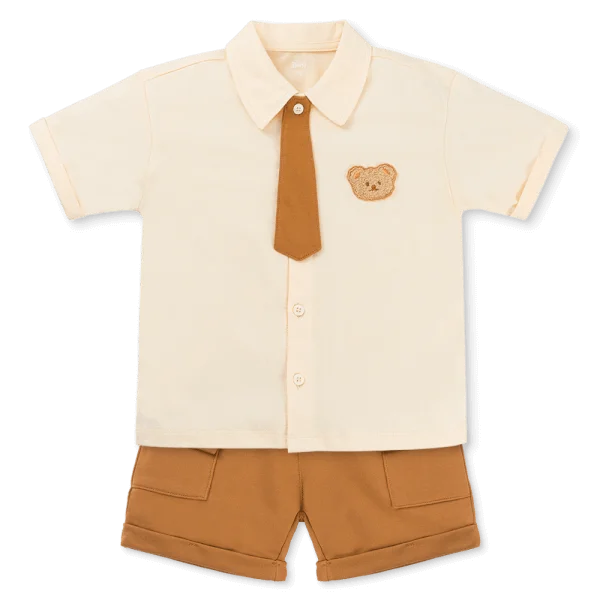 Bộ sơ mi bé trai ngắn cà vạt Animo HN1125009 (1-6Y,Kem-nâu, NN01)