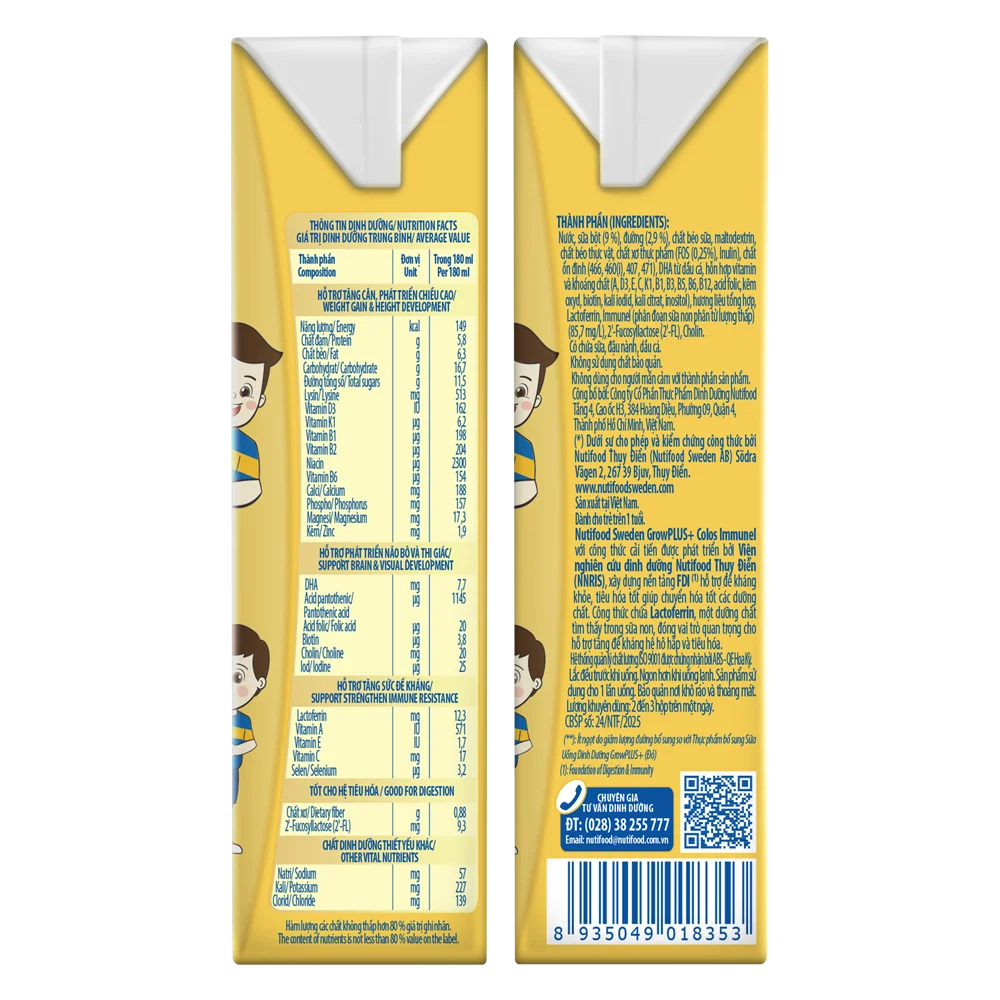 Thùng Sữa dinh dưỡng pha sẵn GrowPLUS+ Colos Immunel 180ml, lốc 4 hộp (Từ 1 tuổi)