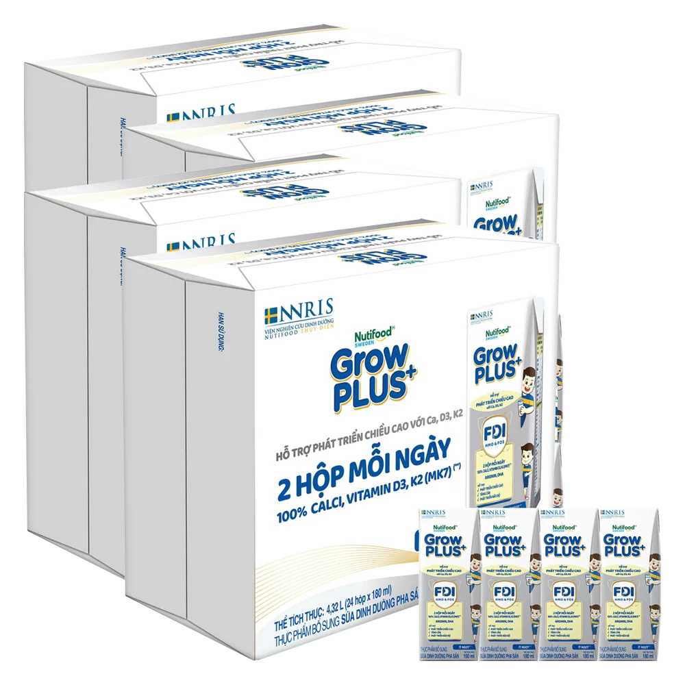 4 Thùng Sữa dinh dưỡng pha sẵn GrowPLUS+ (Bạc) 180ml, lốc 4 hộp (Từ 1 tuổi)