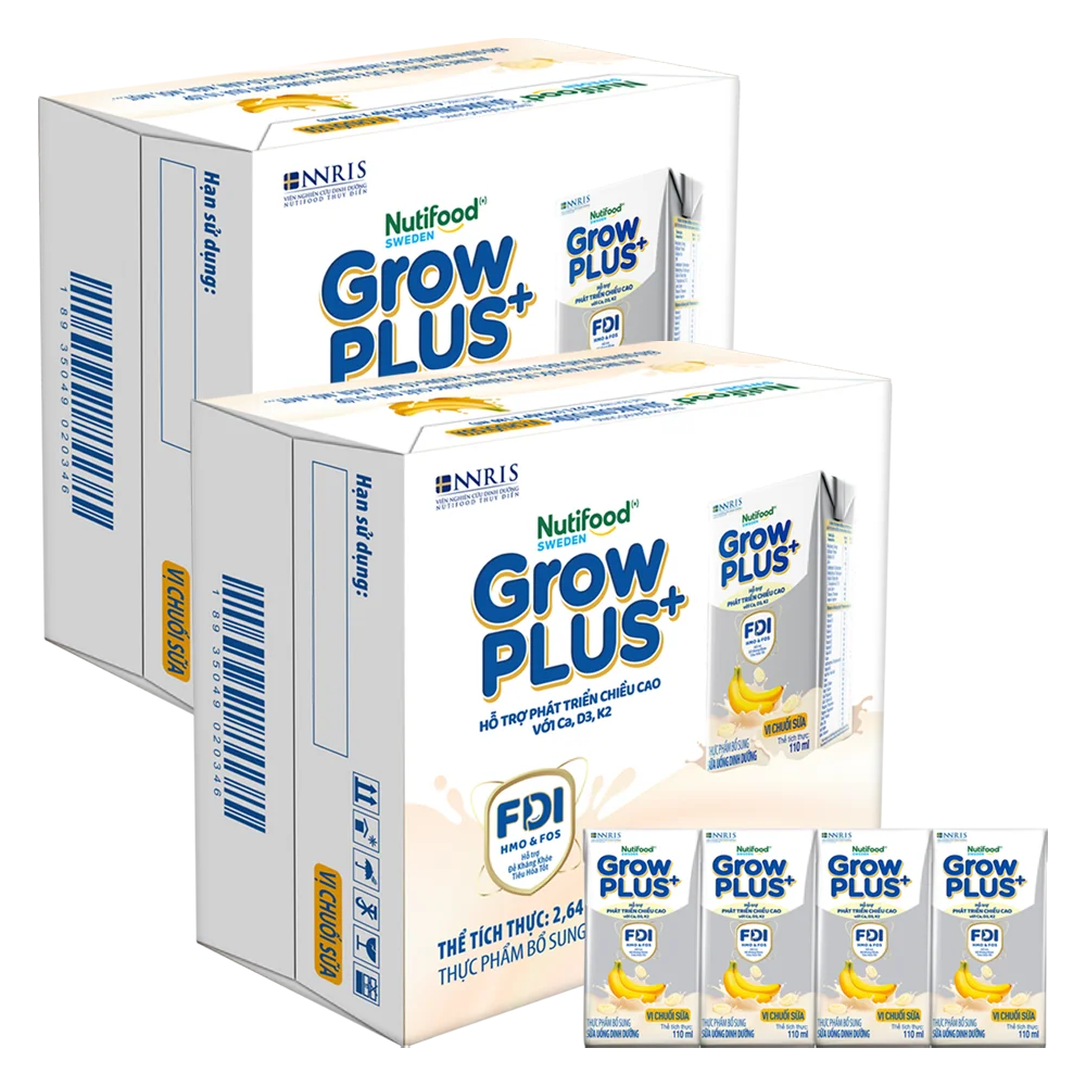 2 thùng sữa bột pha sẵn GrowPLUS+ vị chuối 110ml (lốc 4 hộp) (Trên 1 tuổi)
