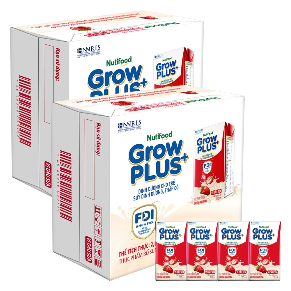 2 thùng sữa bột pha sẵn GrowPLUS+ vị dâu 110ml (lốc 4 hộp) (Trên 1 tuổi)