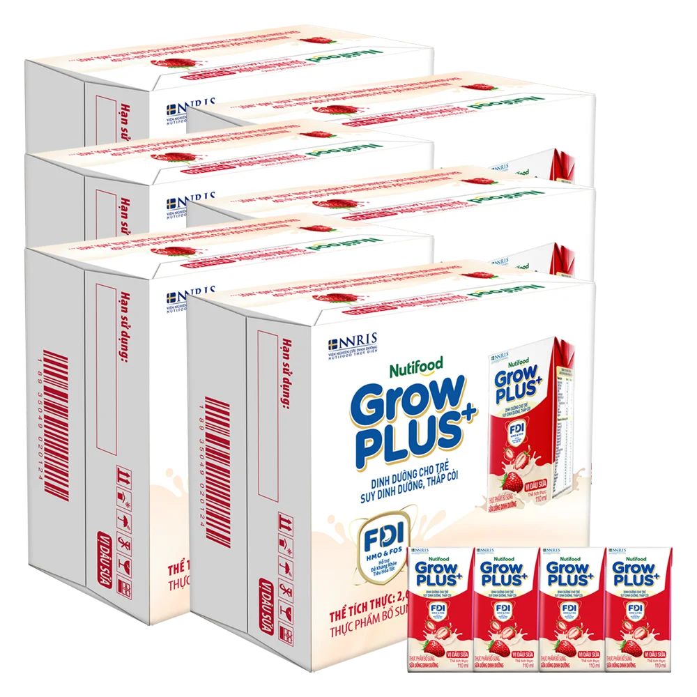 6 thùng sữa bột pha sẵn GrowPLUS+ vị dâu 110ml (lốc 4 hộp) (Trên 1 tuổi)